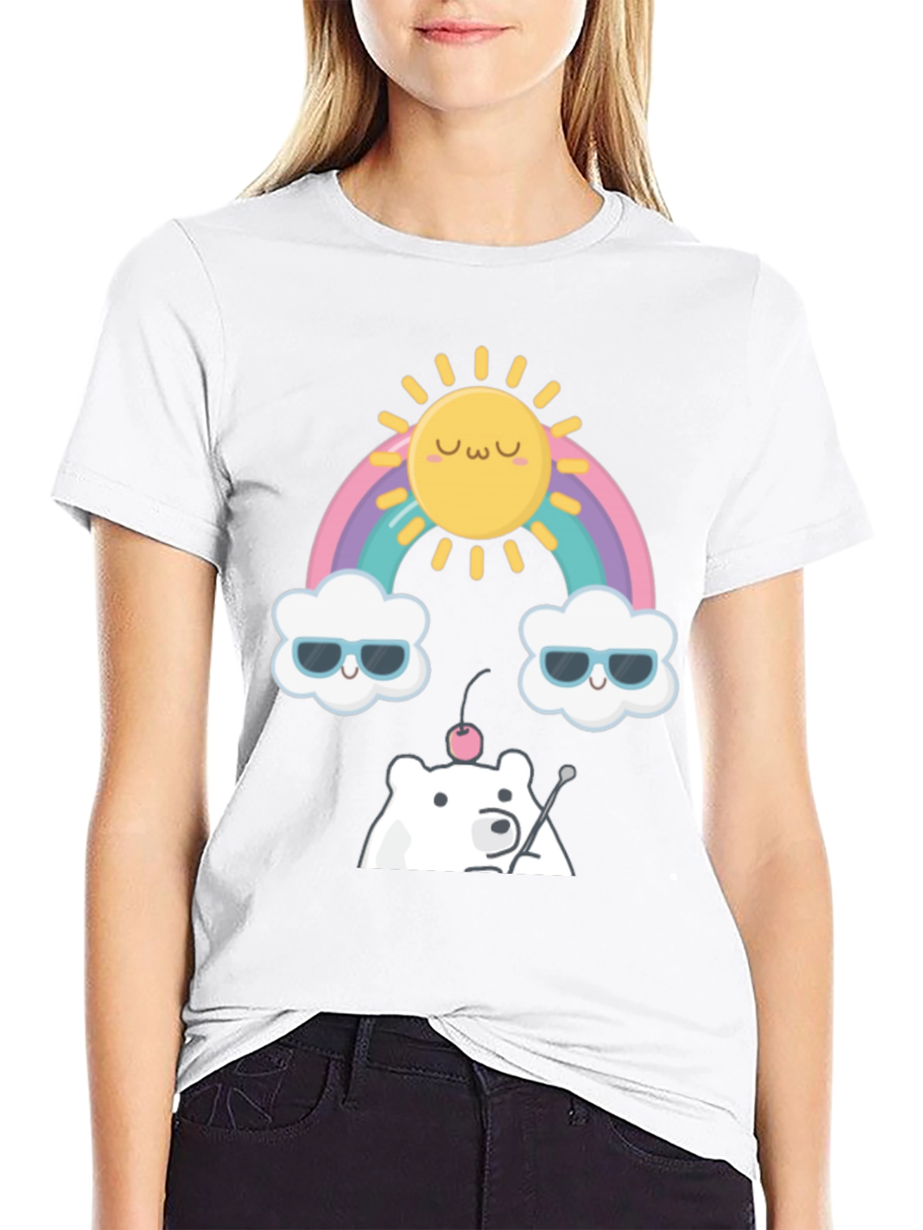 Kawaii Rainbow Bear Graphic Tee - Soft Cotton