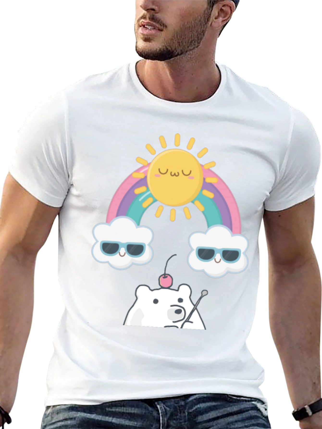 Kawaii Rainbow Bear Graphic Tee - Soft Cotton