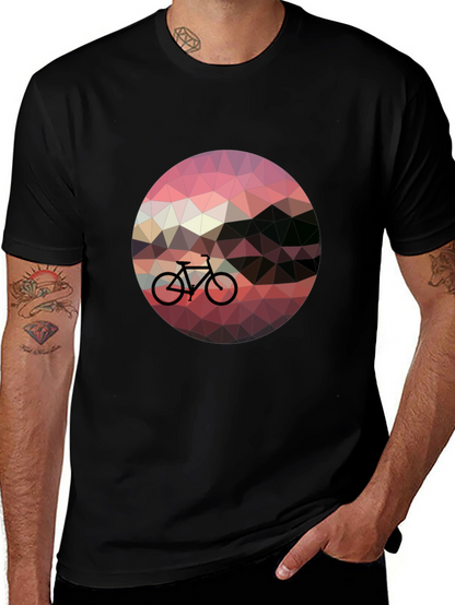 Geometric Bike Sunset Graphic Tee - Black Casual T-Shirt