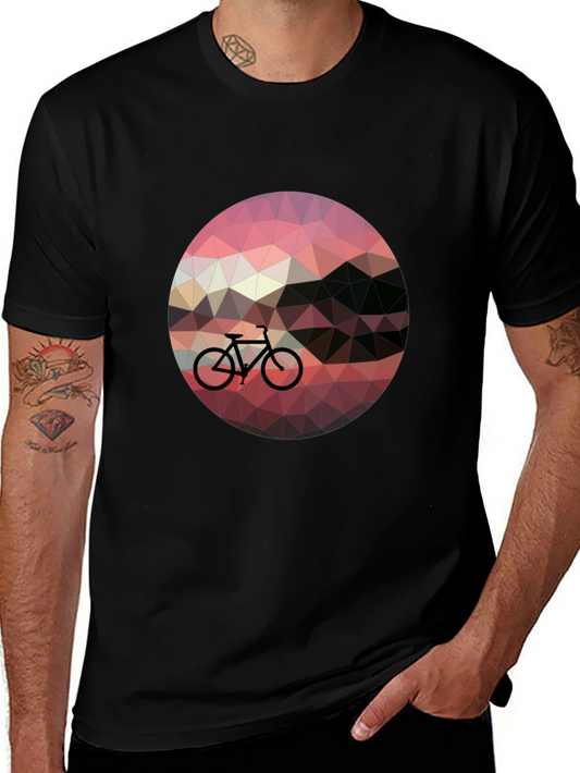 Geometric Bike Sunset Graphic Tee - Black Casual T-Shirt