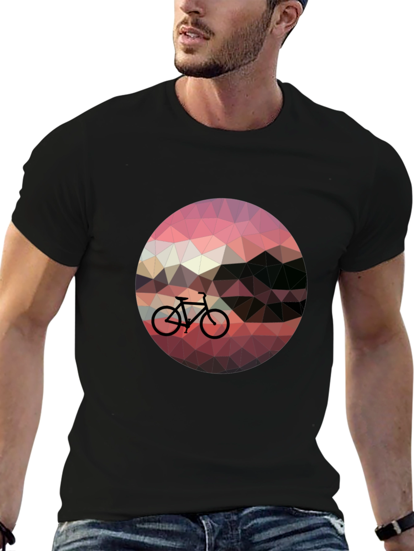 Geometric Bike Sunset Graphic Tee - Black Casual T-Shirt