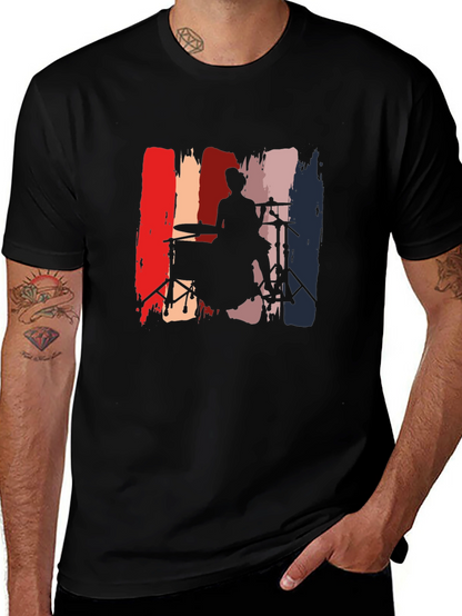 Drummer Silhouette Graphic Tee - Black Casual T-Shirt