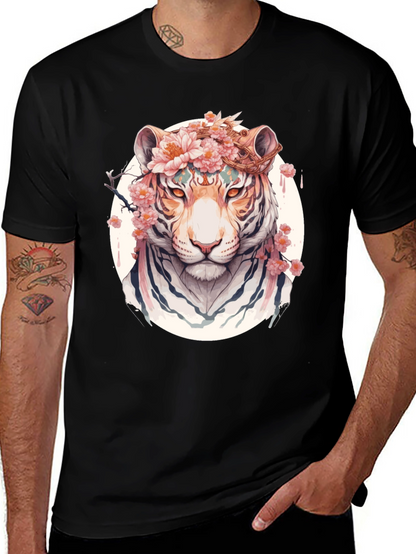 Floral Tiger Graphic Tee - Unique Black T-Shirt