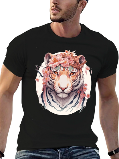 Floral Tiger Graphic Tee - Unique Black T-Shirt