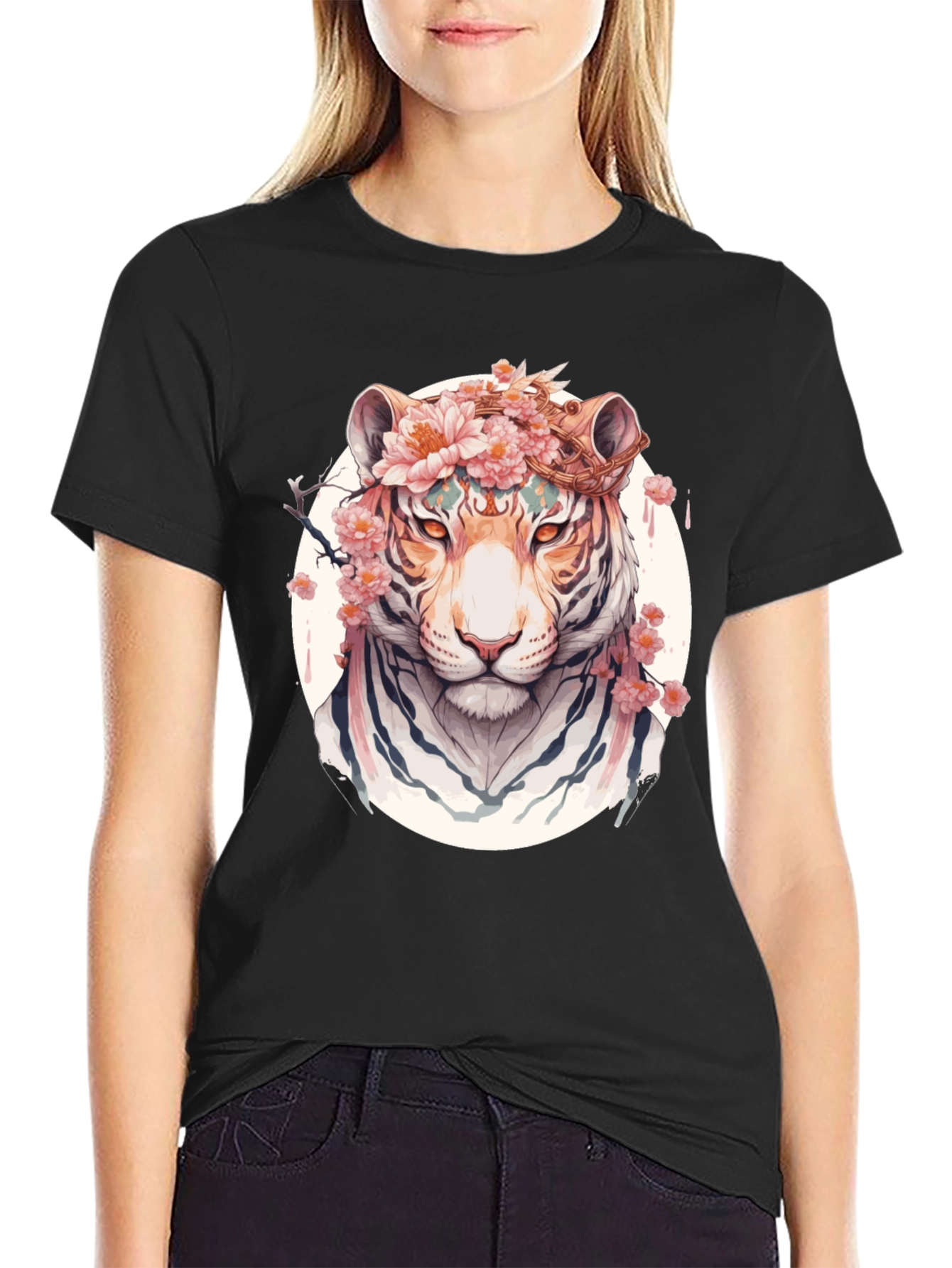 Floral Tiger Graphic Tee - Unique Black T-Shirt