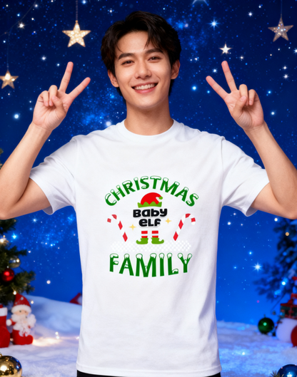 Christmas Baby Elf Family T-Shirt - 100% Cotton, Festive Christmas Tee for Holiday & Casual Occasions