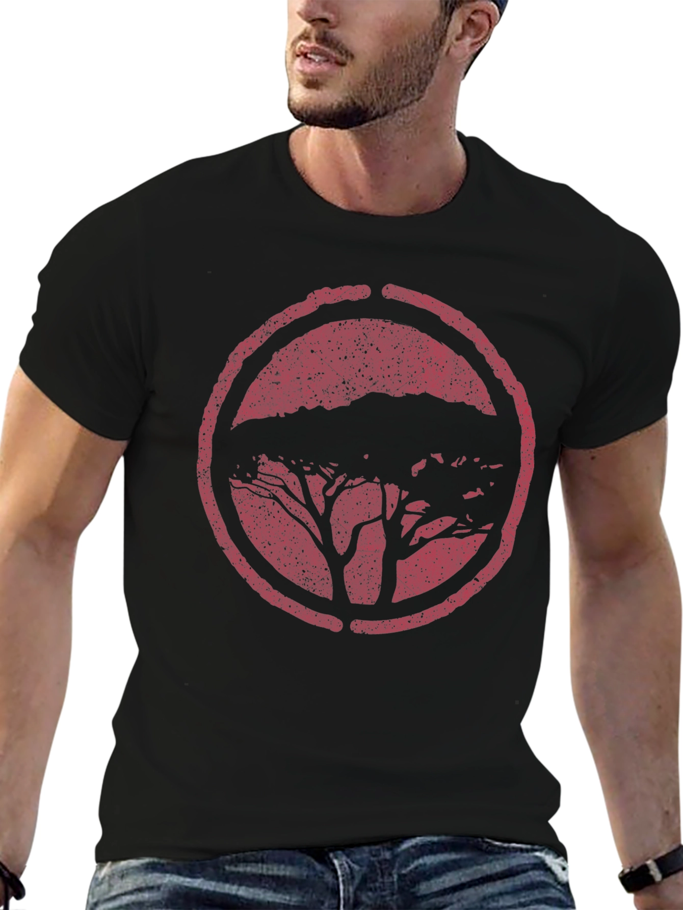 Black T-Shirt with Distressed Tree Circle Graphic