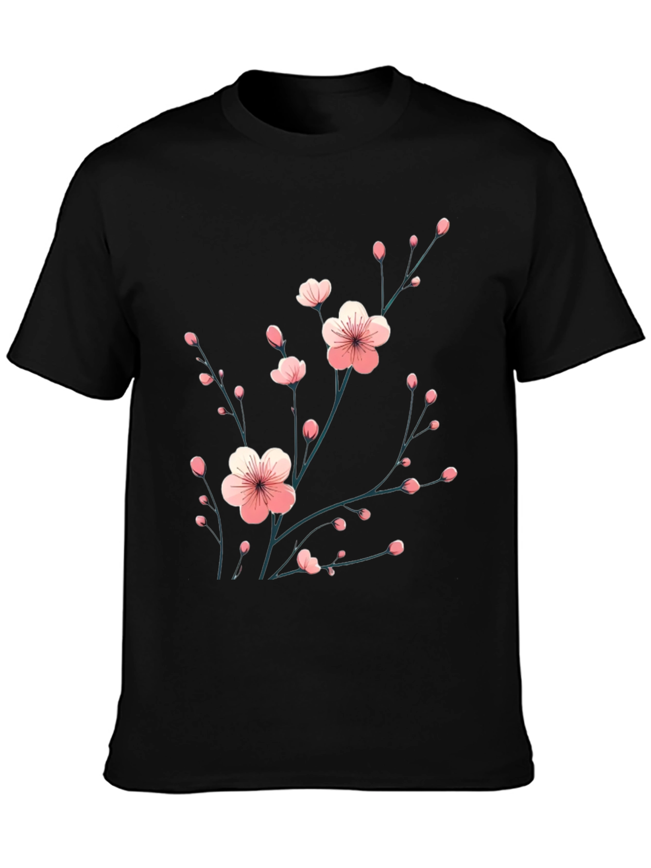 Black T-Shirt with Floral Cherry Blossom Design
