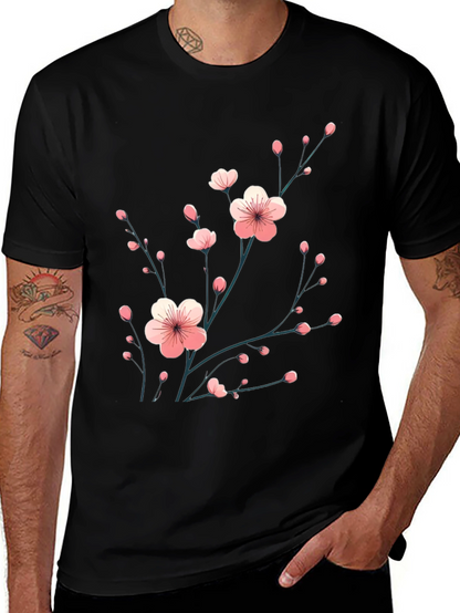 Black T-Shirt with Floral Cherry Blossom Design