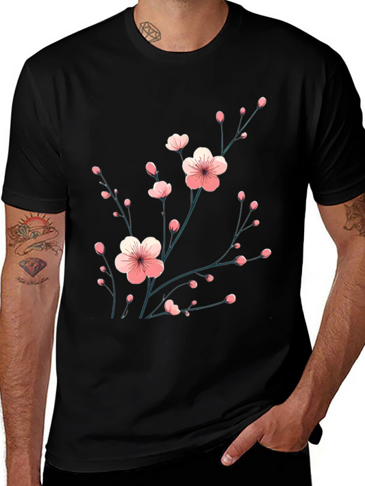 Black T-Shirt with Floral Cherry Blossom Design