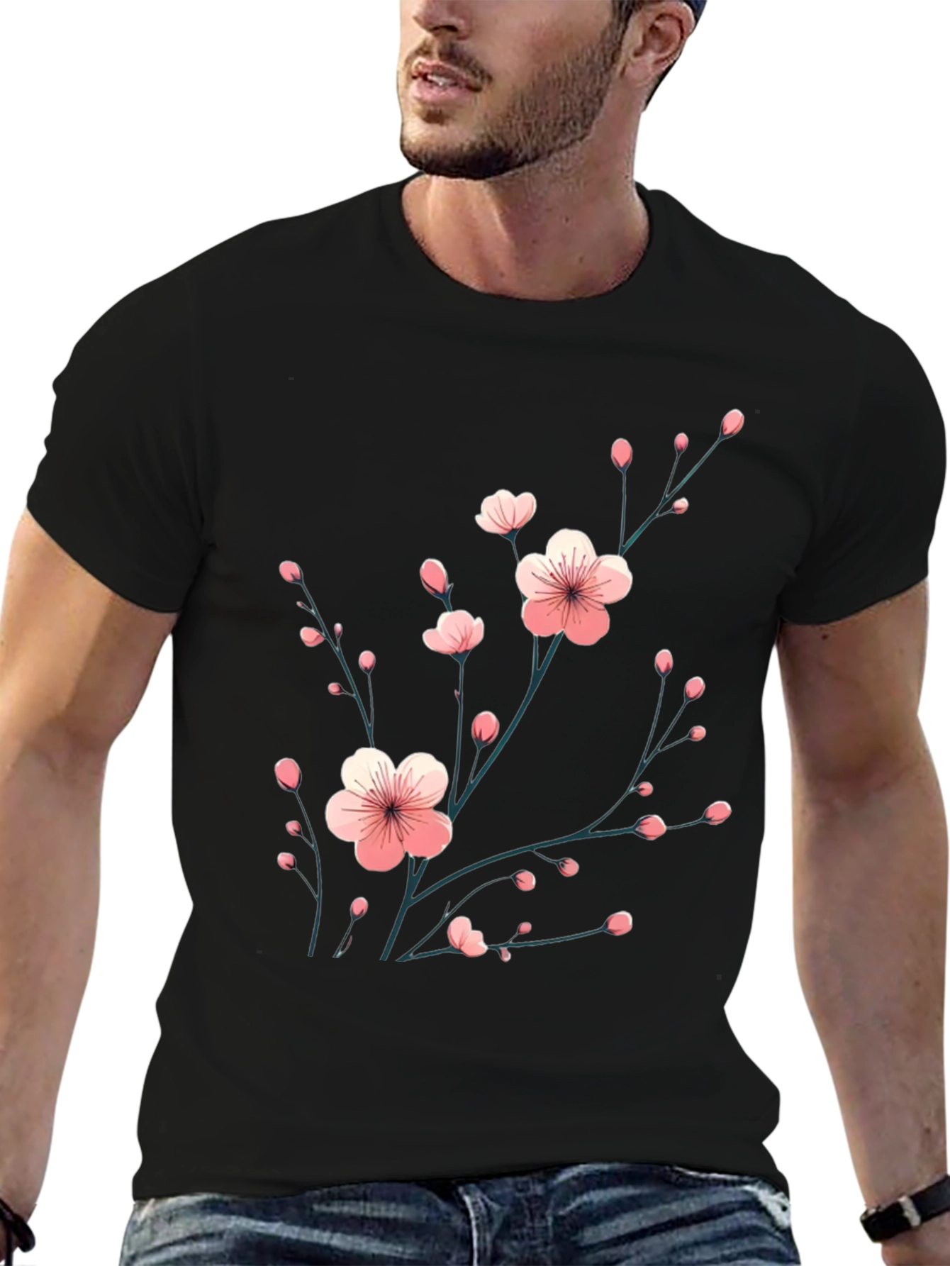 Black T-Shirt with Floral Cherry Blossom Design