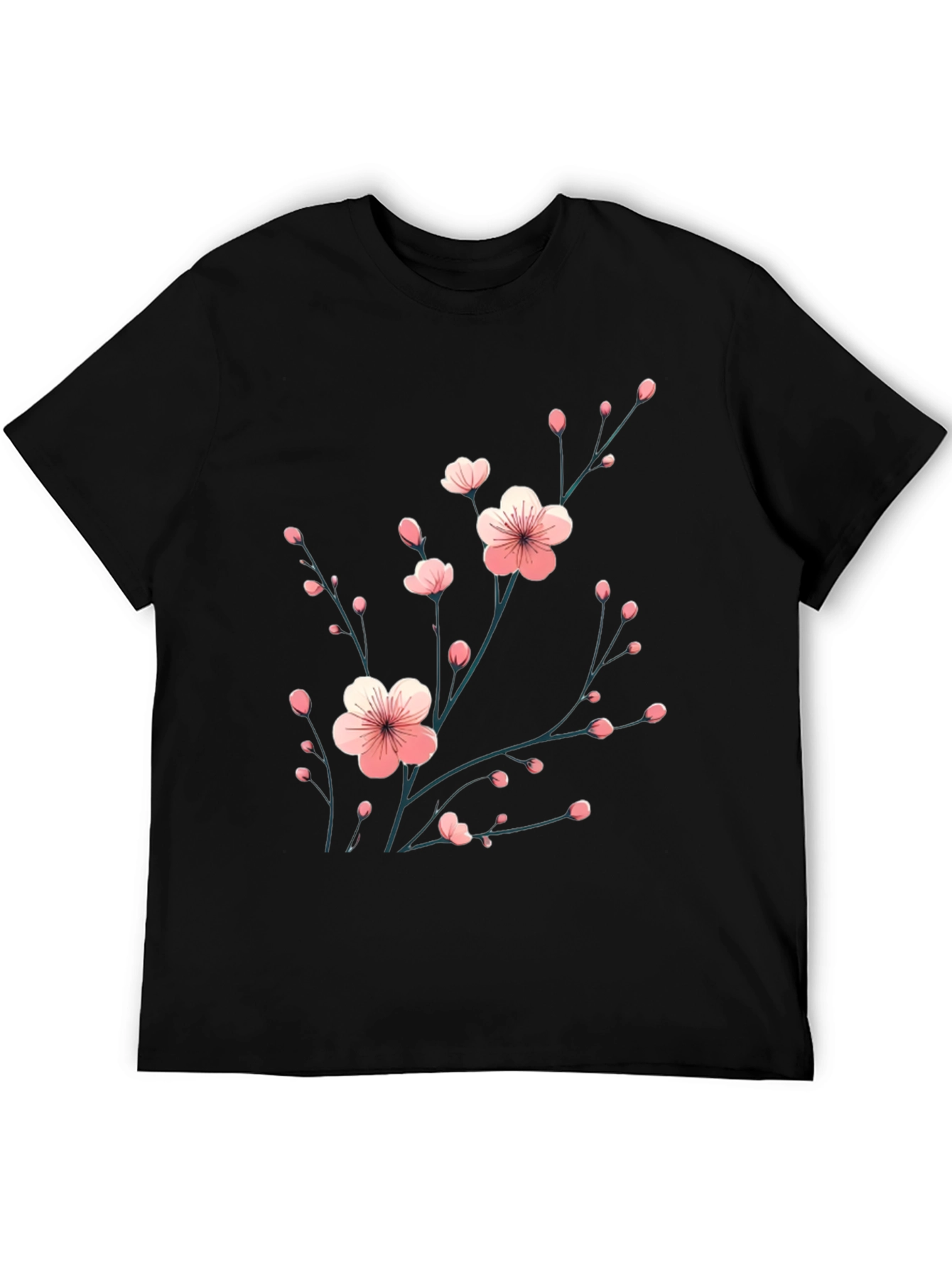 Black T-Shirt with Floral Cherry Blossom Design