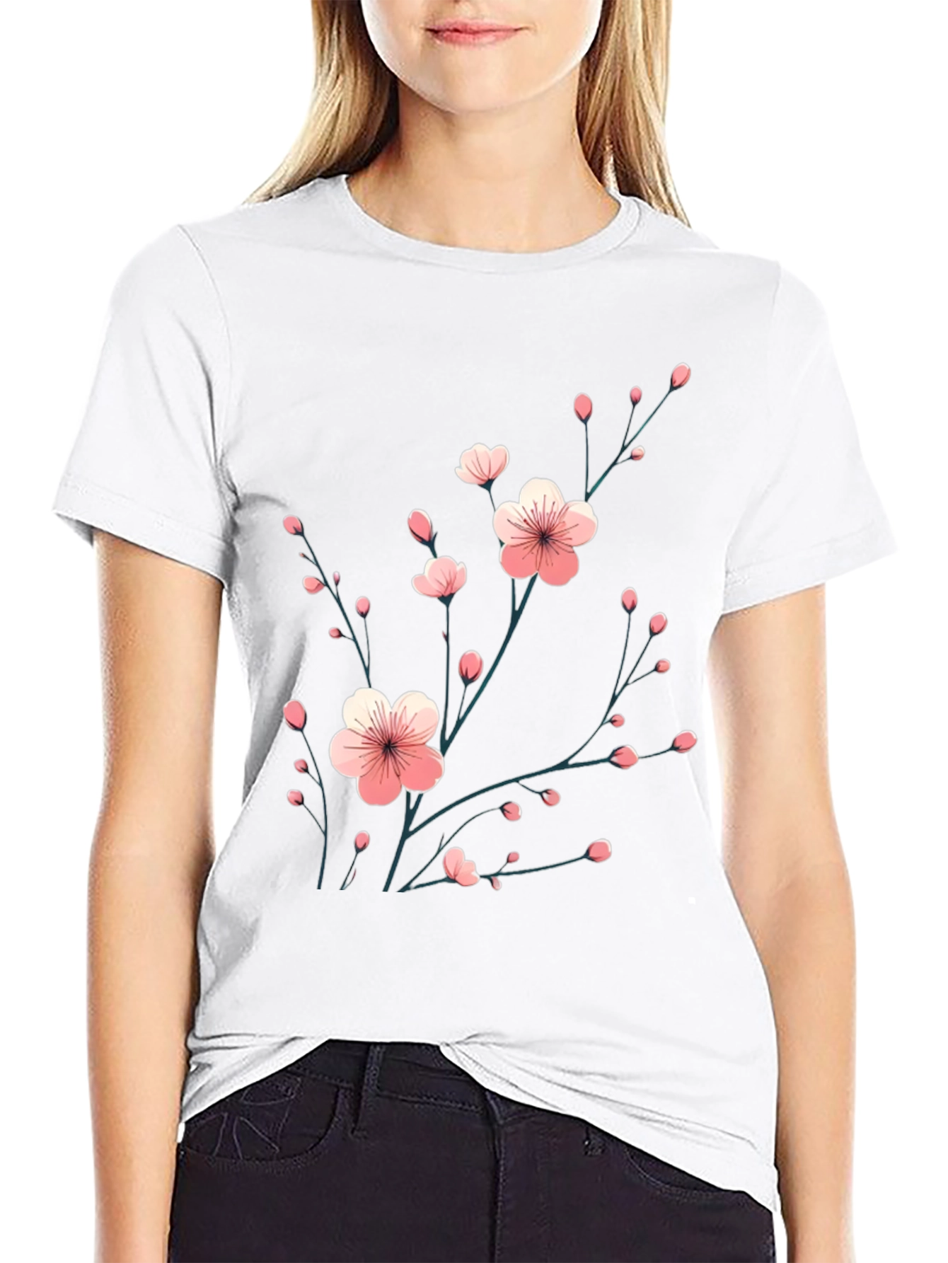 Black T-Shirt with Floral Cherry Blossom Design