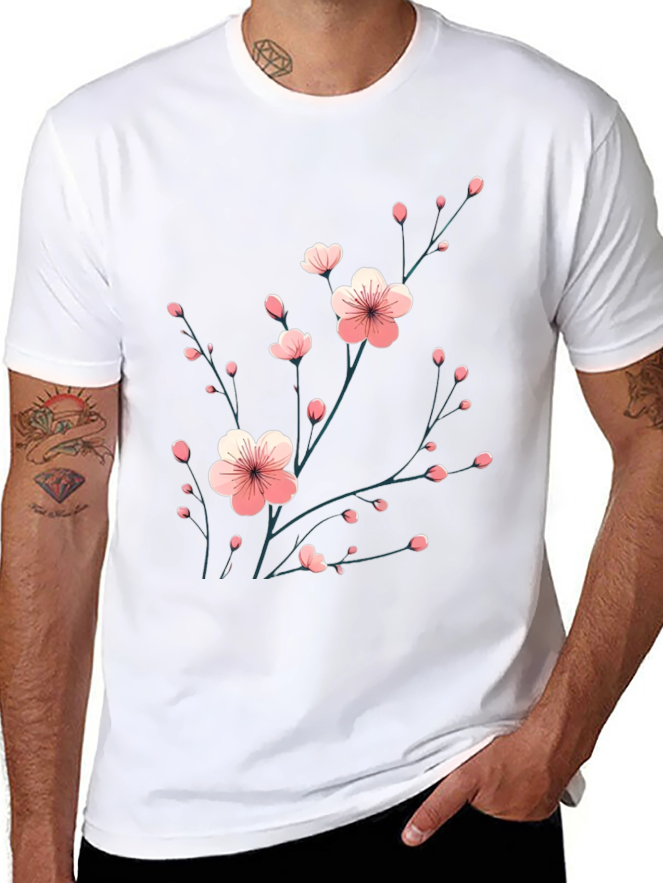 Black T-Shirt with Floral Cherry Blossom Design