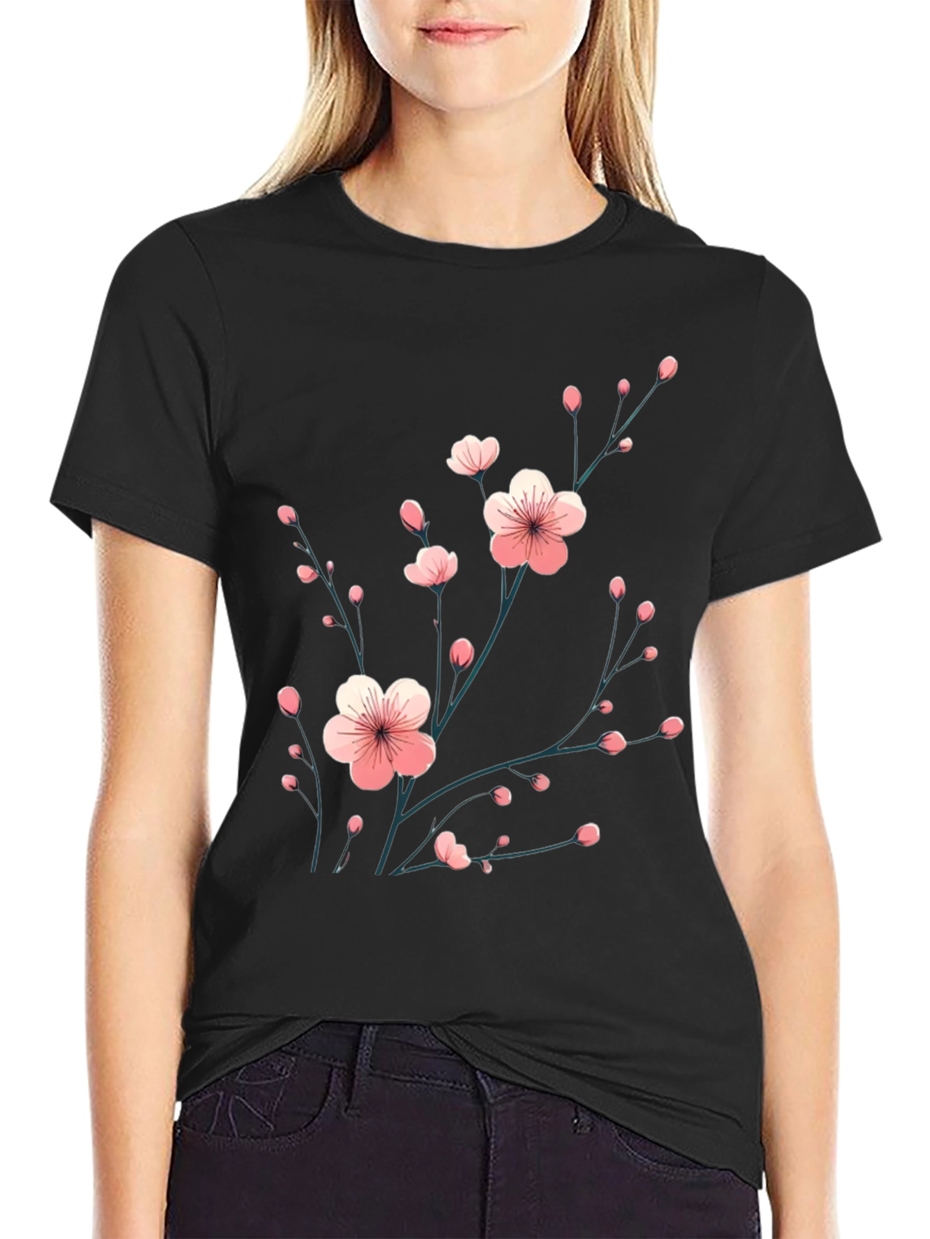 Black T-Shirt with Floral Cherry Blossom Design