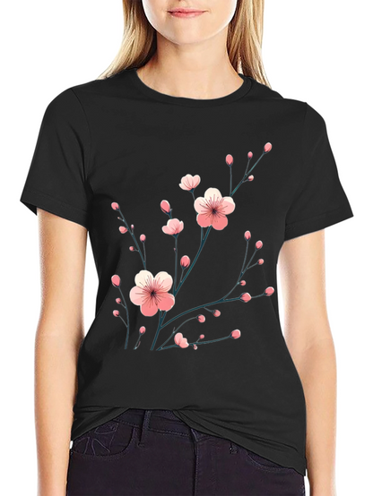 Black T-Shirt with Floral Cherry Blossom Design