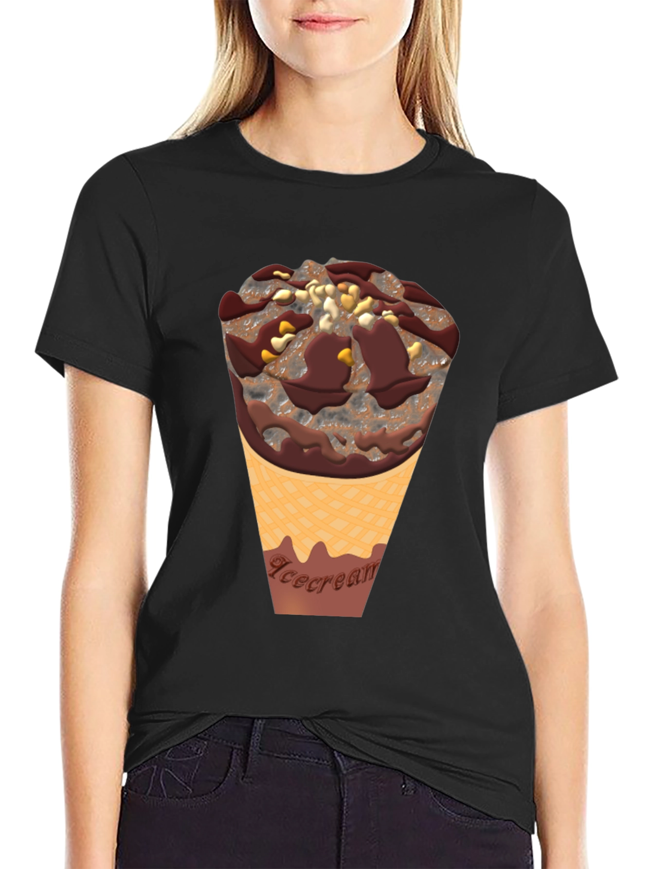 Ice Cream Cone Graphic Tee - Black Cotton Blend