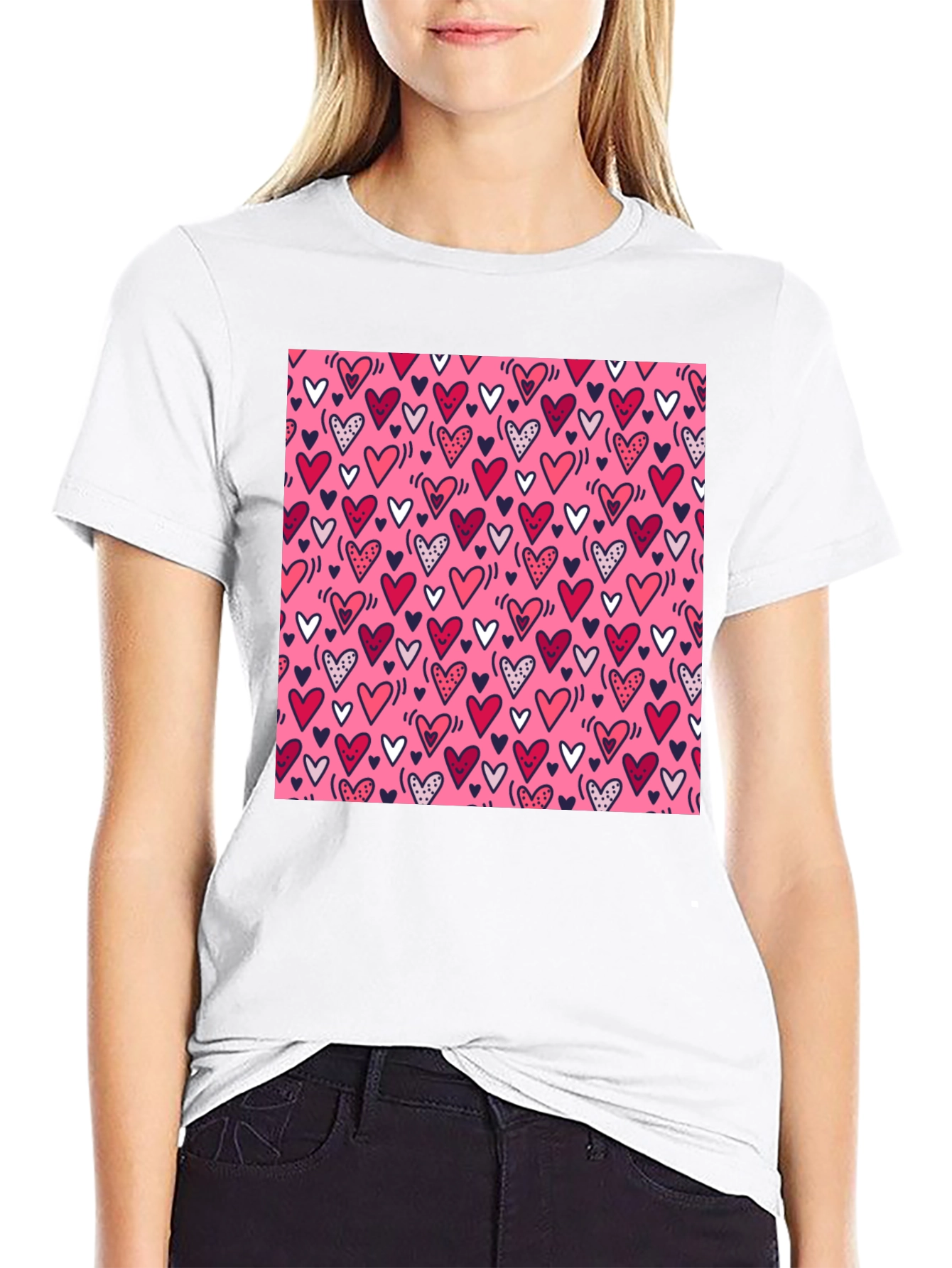 Heart Print Tee - Black Crew Neck T-Shirt