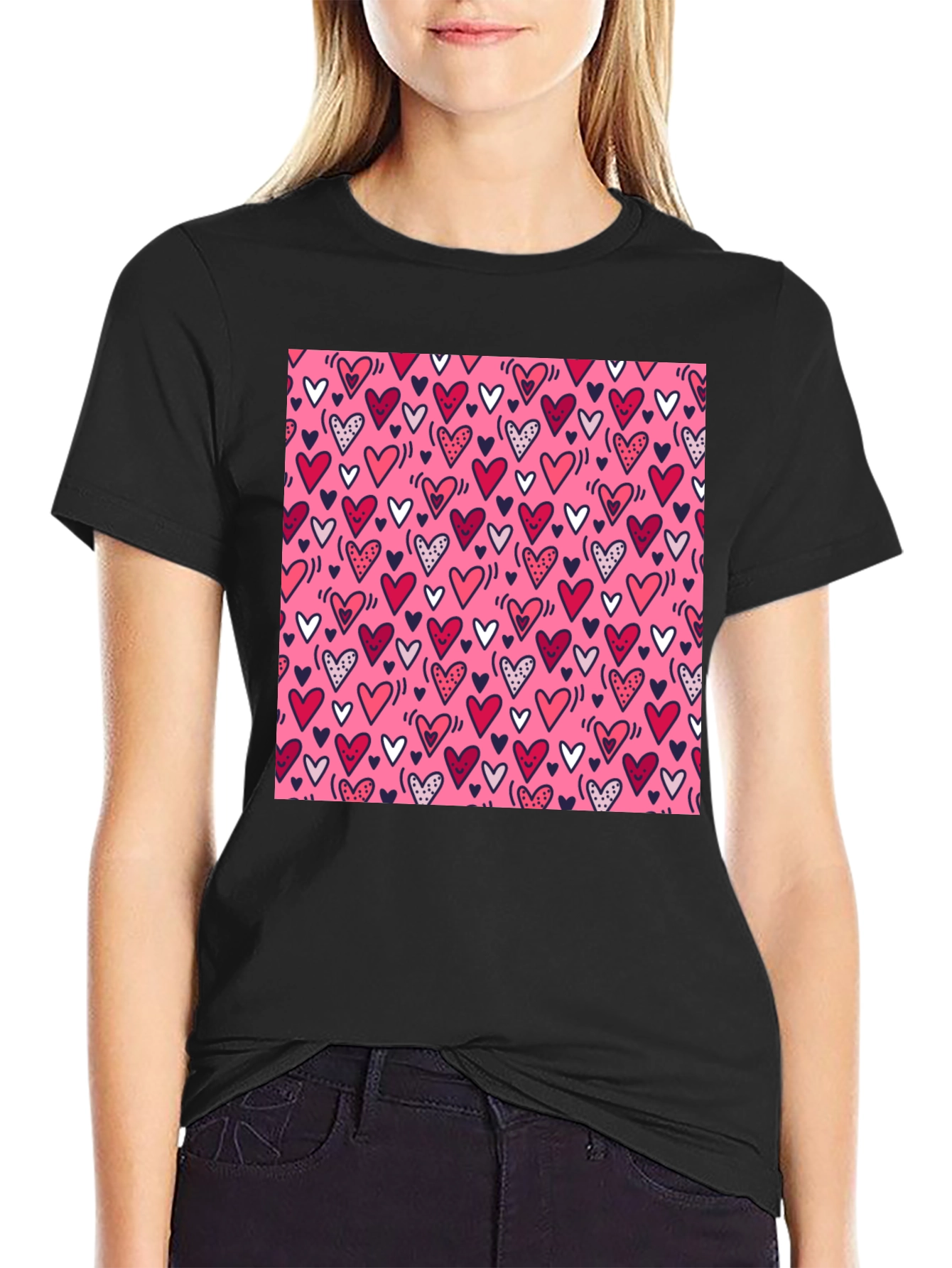 Heart Print Tee - Black Crew Neck T-Shirt