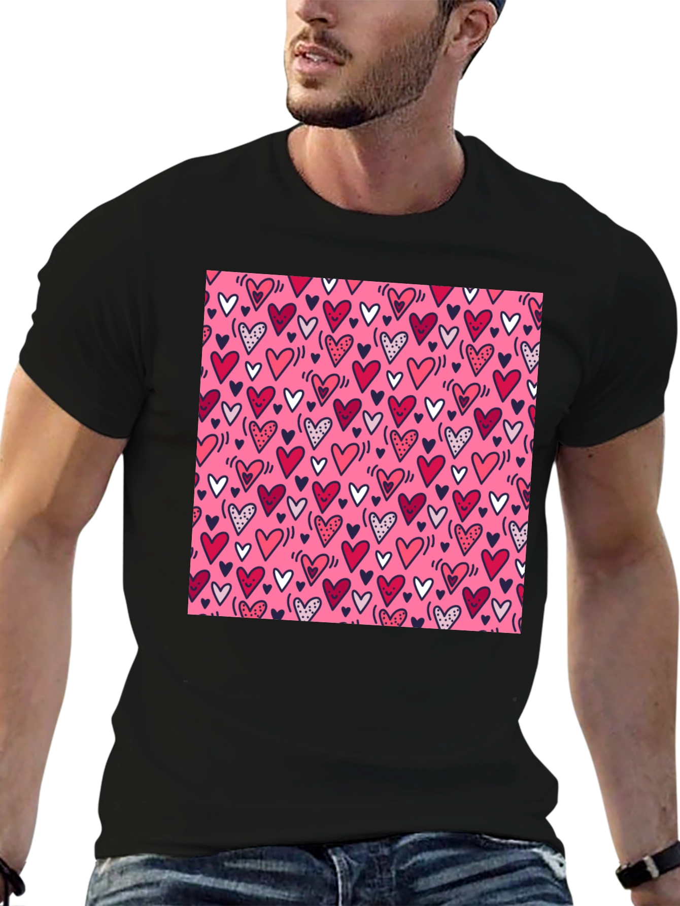Heart Print Tee - Black Crew Neck T-Shirt