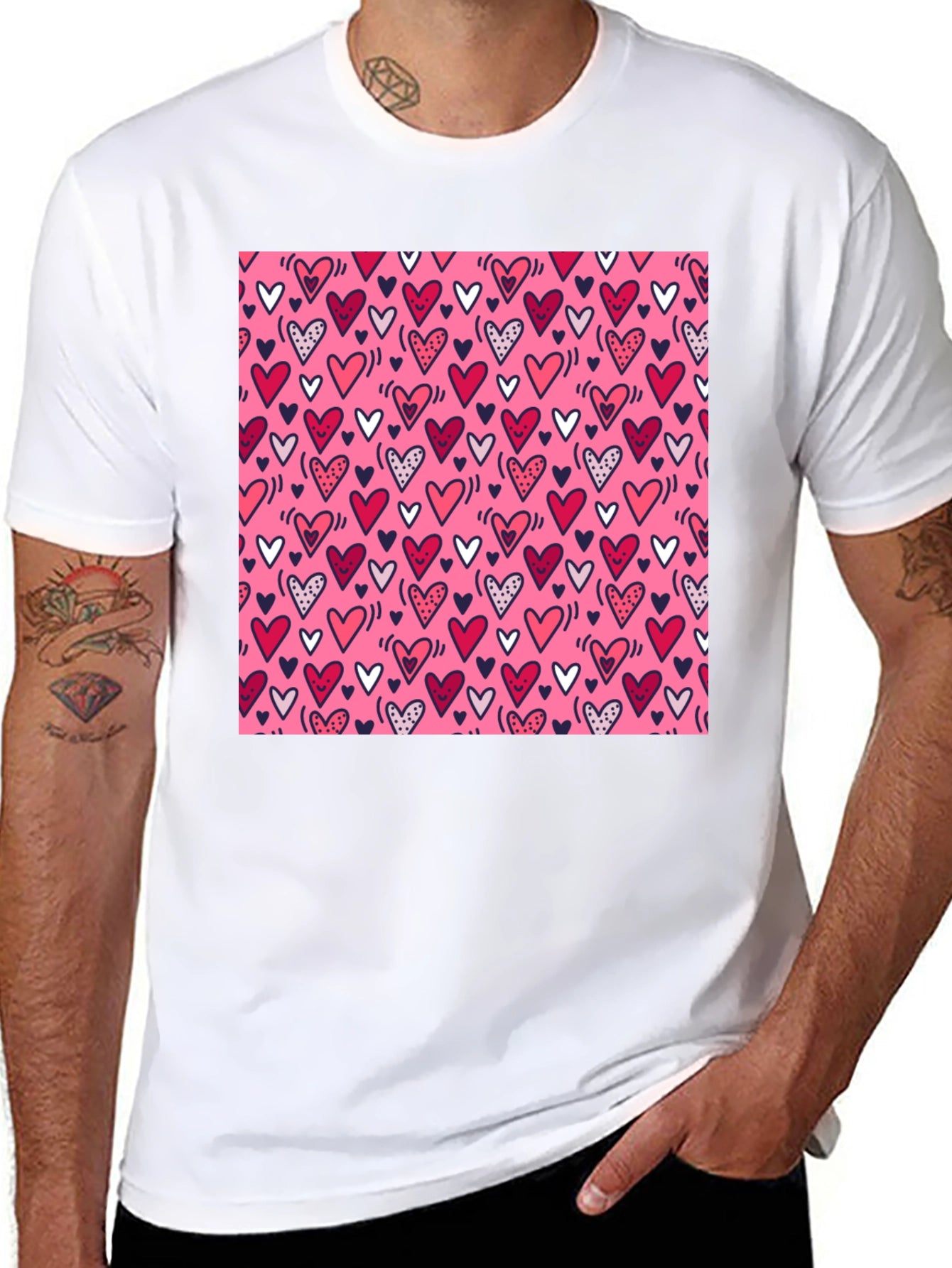 Heart Print Tee - Black Crew Neck T-Shirt