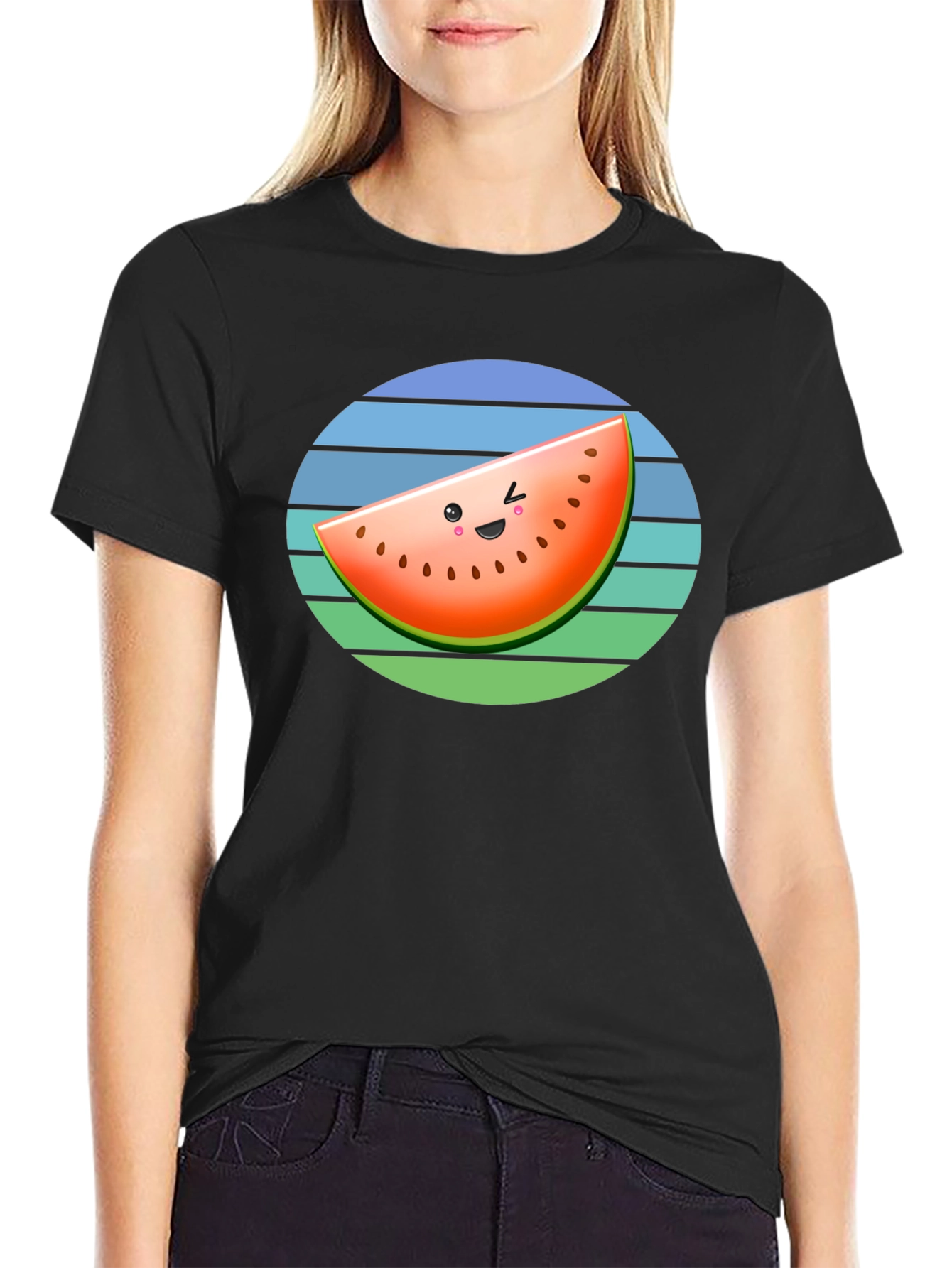 Cute Watermelon Slice Graphic Tee - Black