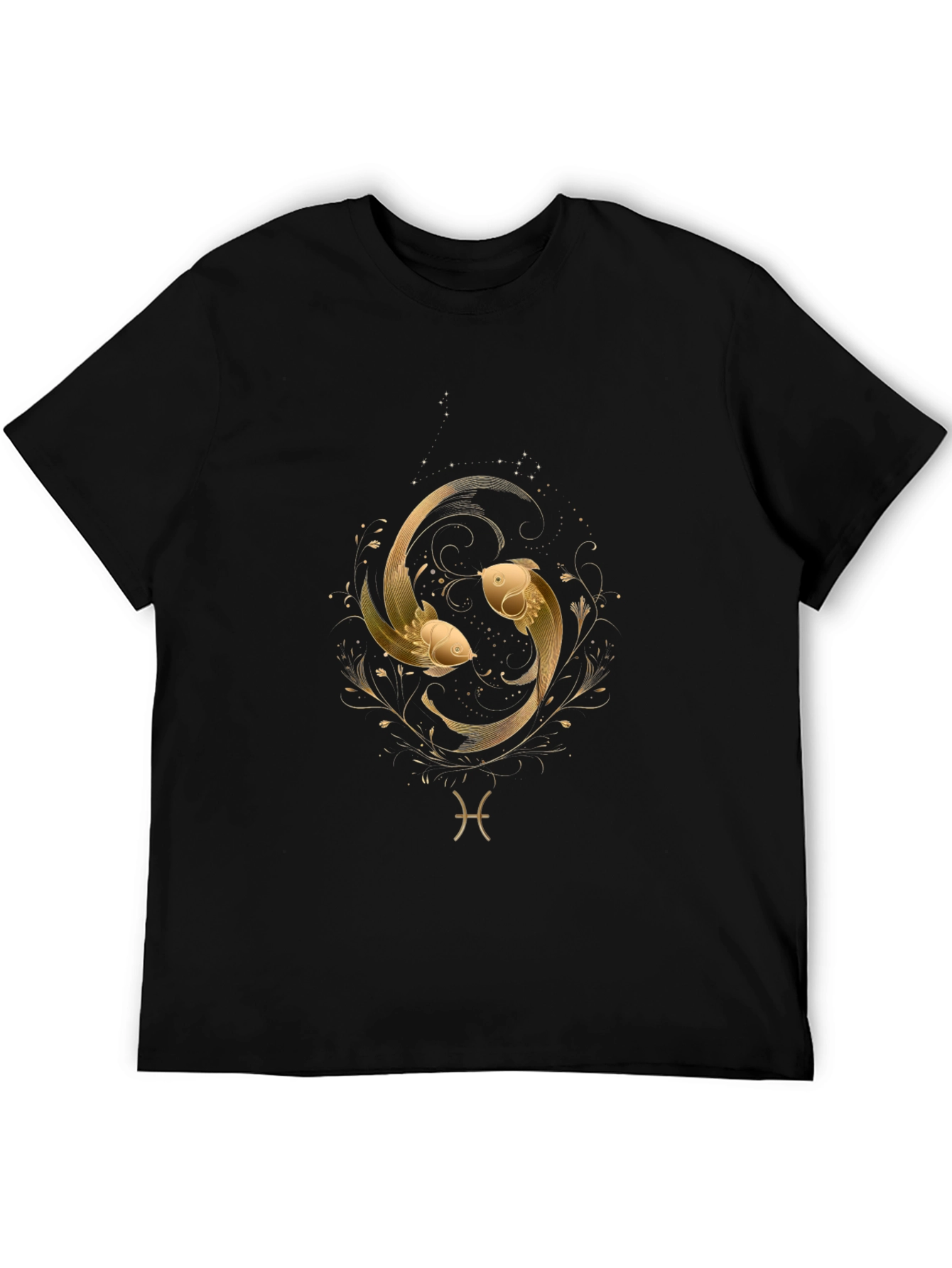Pisces Zodiac Gold Fish Graphic Black T-Shirt
