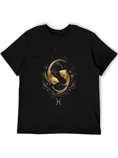 Pisces Zodiac Gold Fish Graphic Black T-Shirt