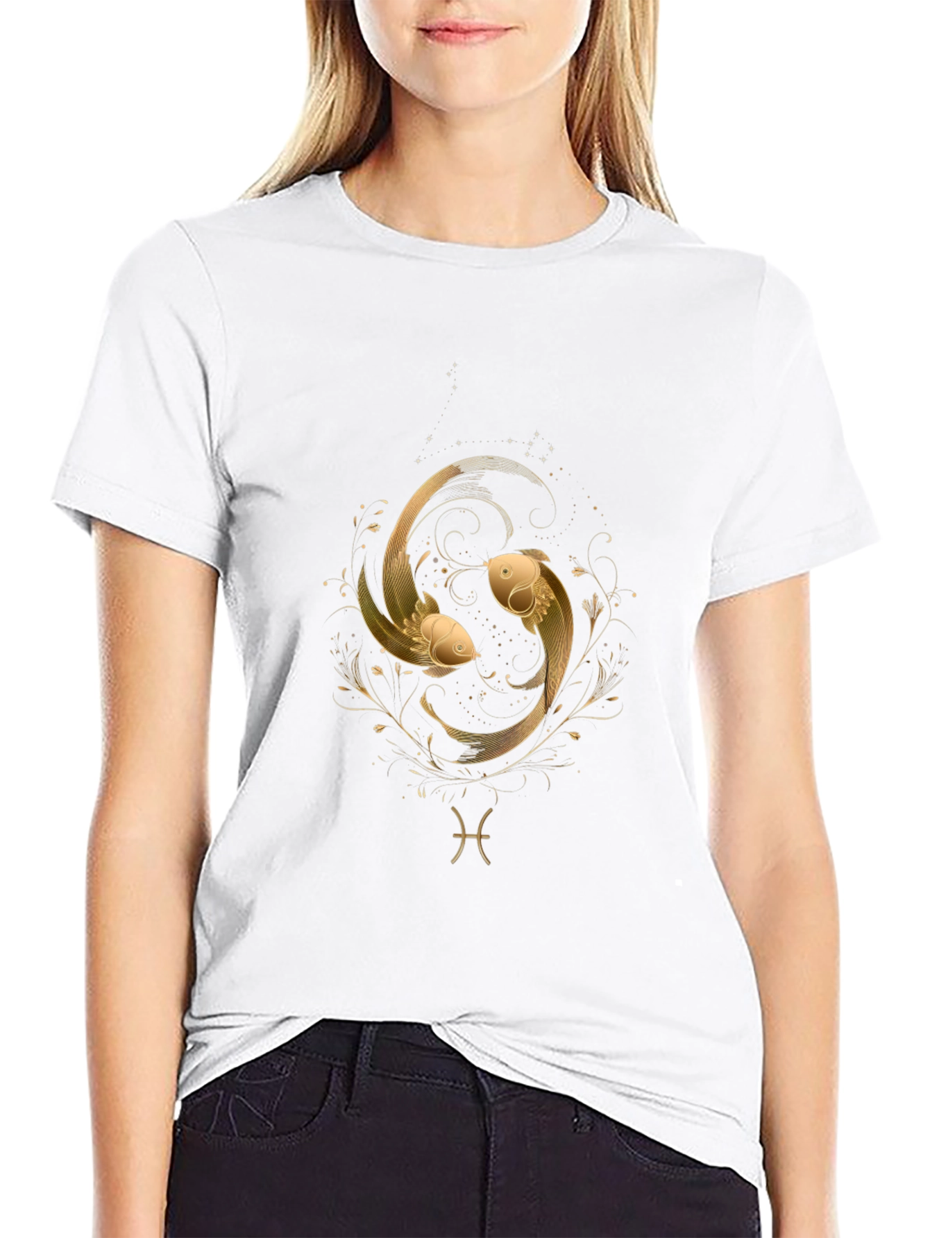 Pisces Zodiac Gold Fish Graphic Black T-Shirt