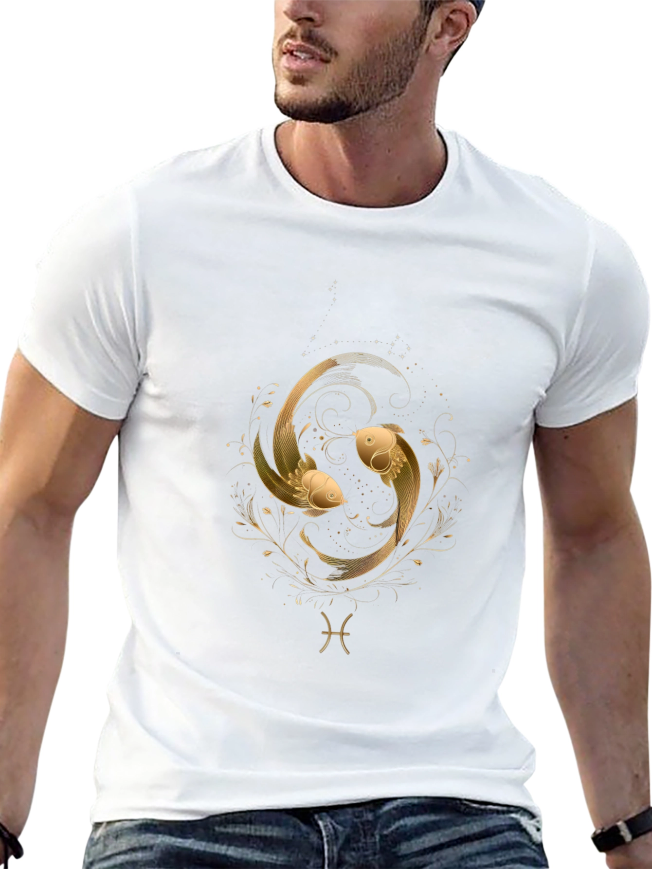Pisces Zodiac Gold Fish Graphic Black T-Shirt