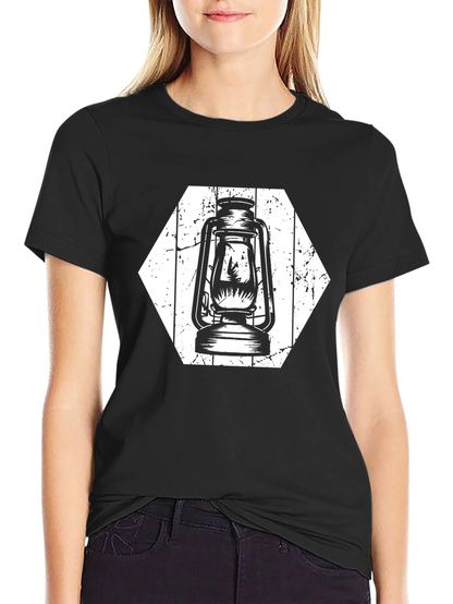 Retro Lantern Graphic Tee - Black Cotton Shirt