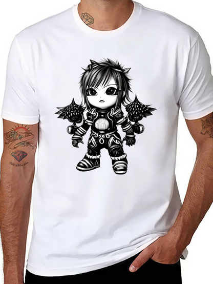 Anime Warrior Graphic Tee - Black Cotton T-Shirt