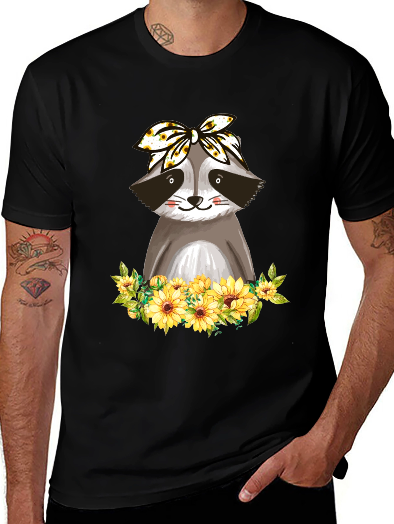 Raccoon Sunflower Bandana Graphic T-Shirt