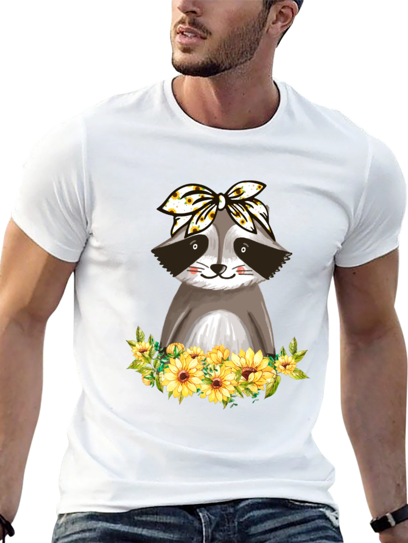 Raccoon Sunflower Bandana Graphic T-Shirt