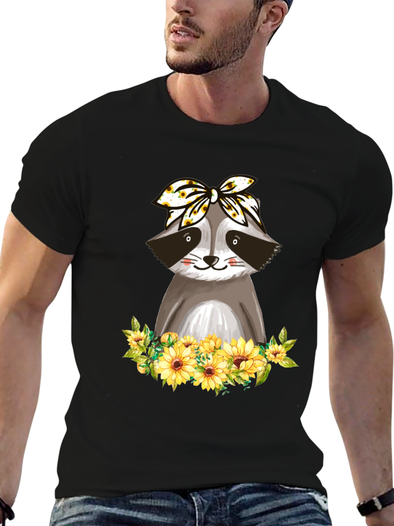 Raccoon Sunflower Bandana Graphic T-Shirt