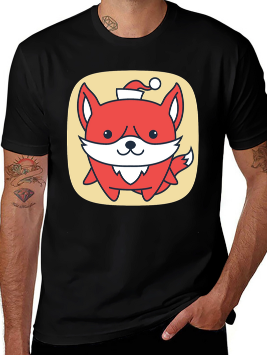 Cute Fox with Santa Hat Graphic Tee - Black