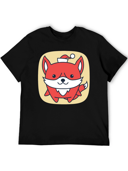 Cute Fox with Santa Hat Graphic Tee - Black