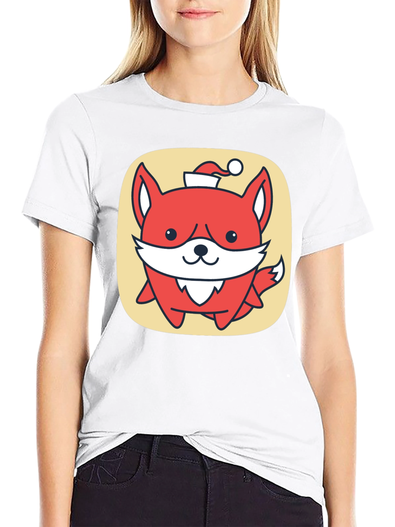 Cute Fox with Santa Hat Graphic Tee - Black
