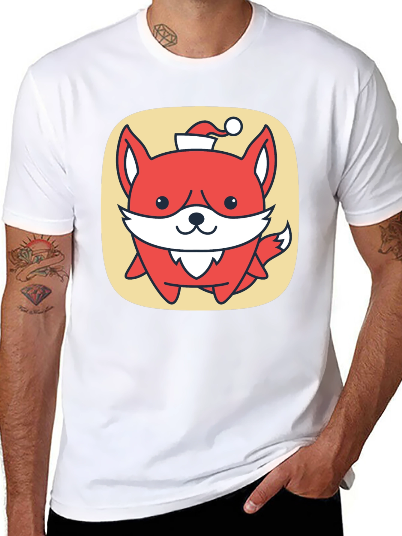 Cute Fox with Santa Hat Graphic Tee - Black