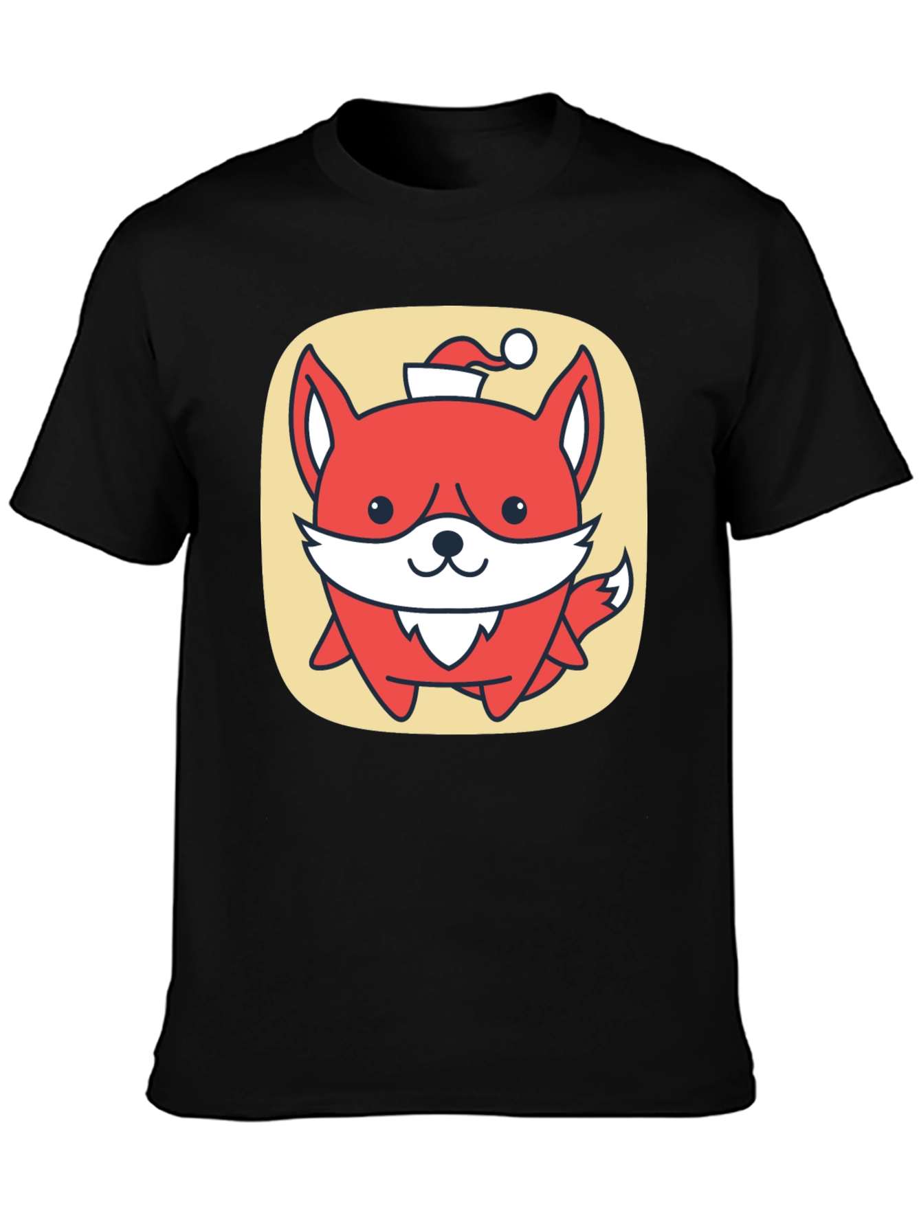 Cute Fox with Santa Hat Graphic Tee - Black