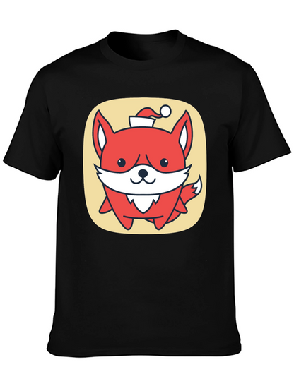 Cute Fox with Santa Hat Graphic Tee - Black