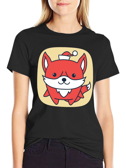 Cute Fox with Santa Hat Graphic Tee - Black