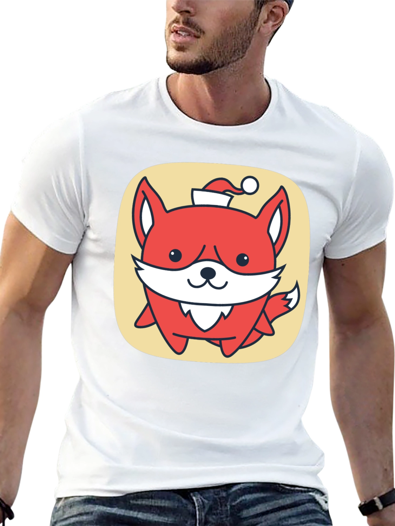 Cute Fox with Santa Hat Graphic Tee - Black