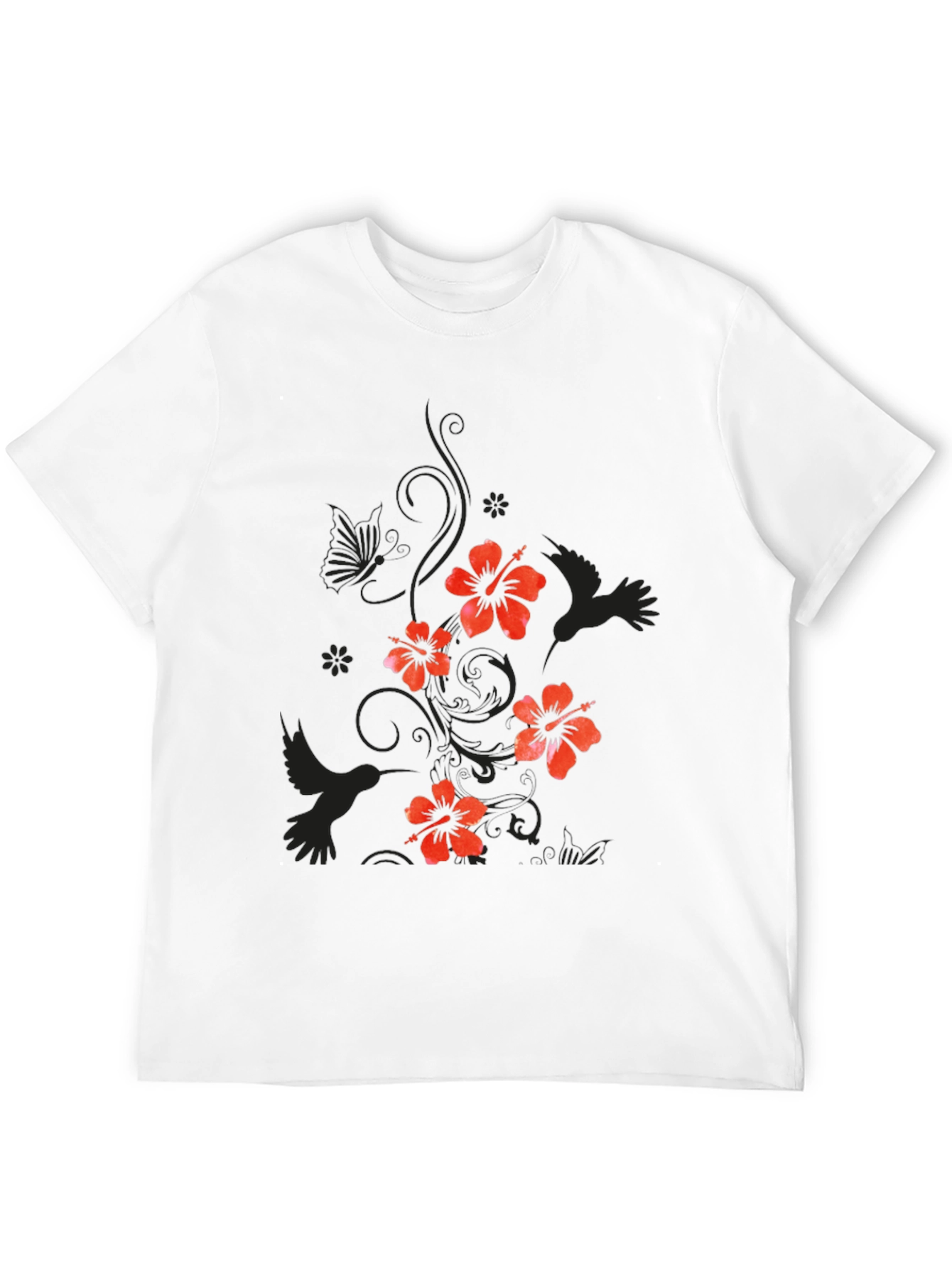 Mens Black Floral Hibiscus & Hummingbird T-Shirt