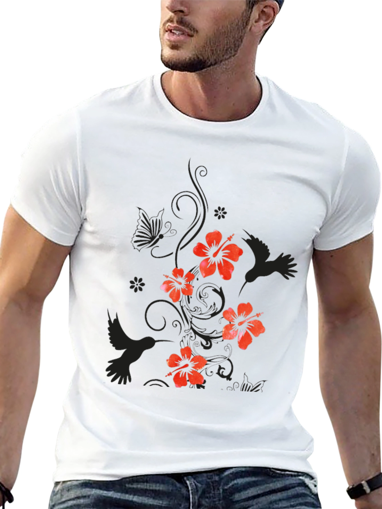 Mens Black Floral Hibiscus & Hummingbird T-Shirt