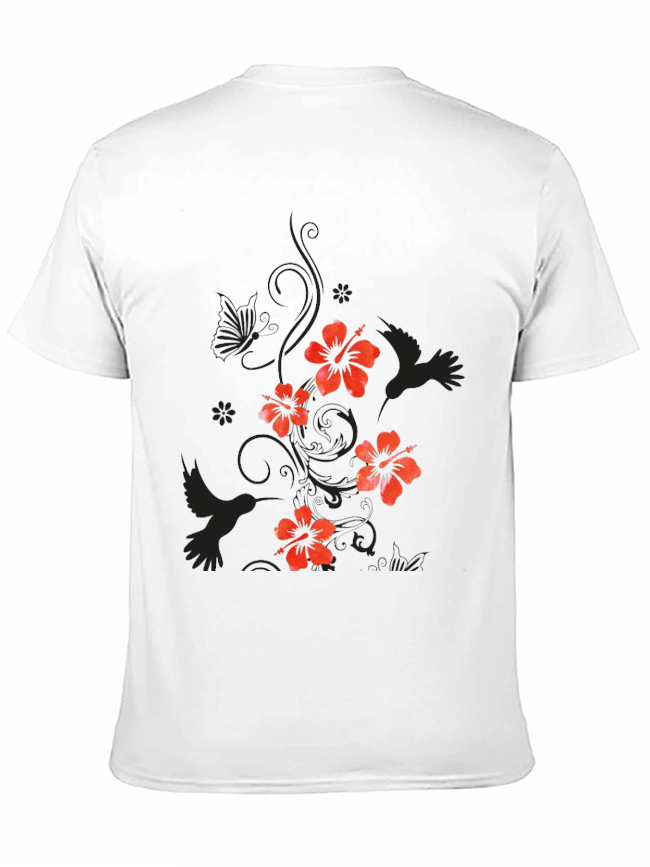 Mens Black Floral Hibiscus & Hummingbird T-Shirt