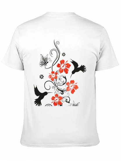 Mens Black Floral Hibiscus & Hummingbird T-Shirt
