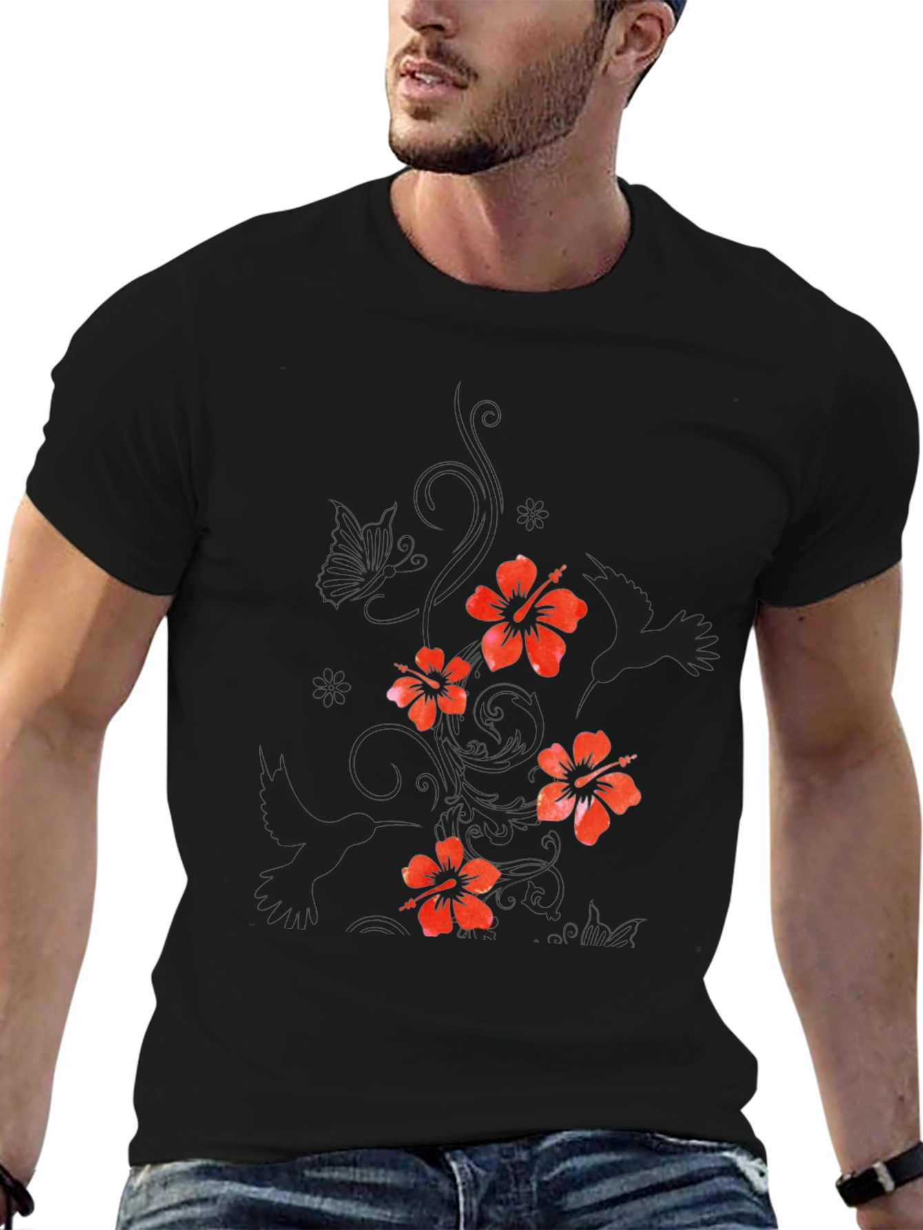 Mens Black Floral Hibiscus & Hummingbird T-Shirt
