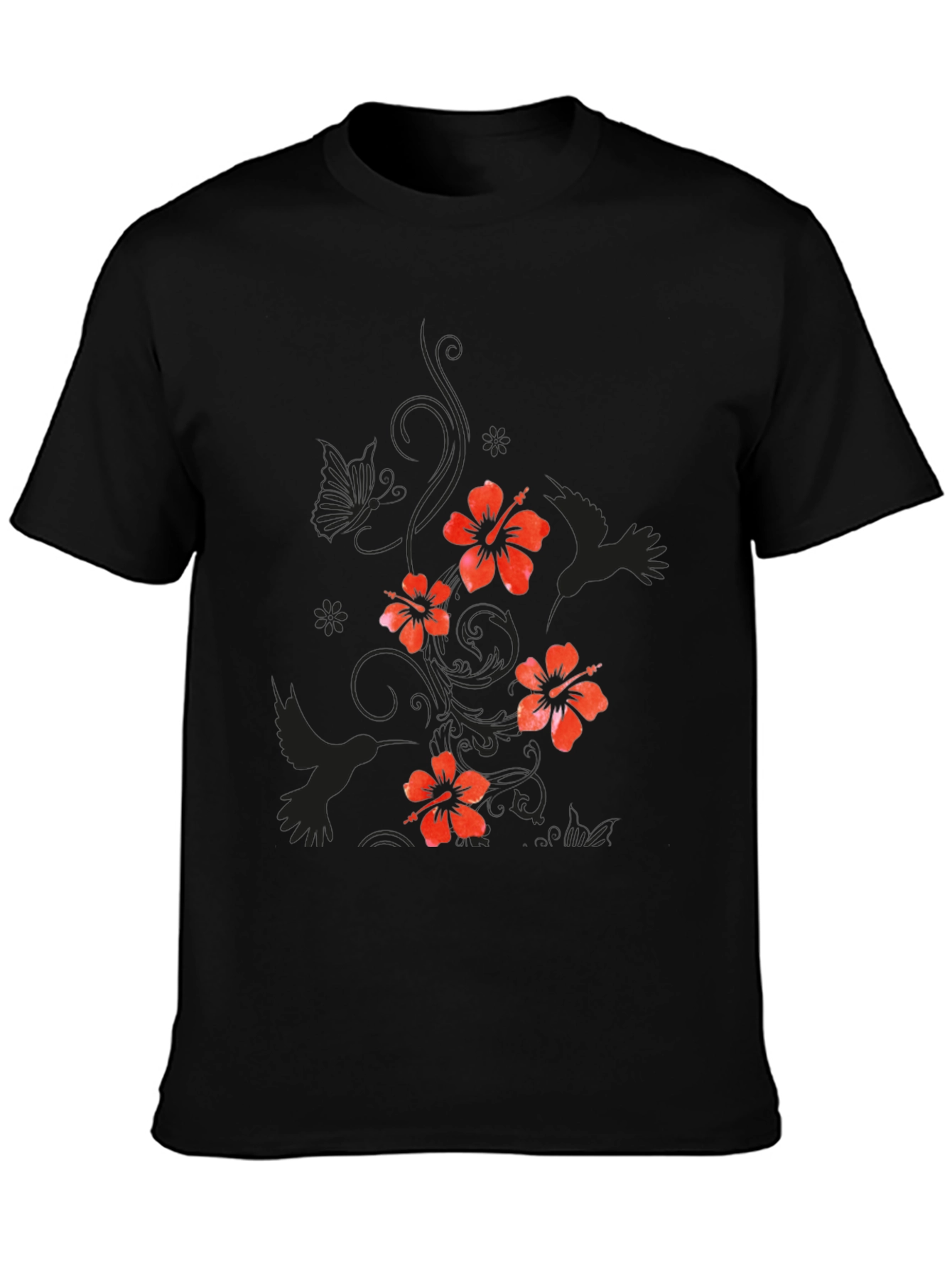 Mens Black Floral Hibiscus & Hummingbird T-Shirt