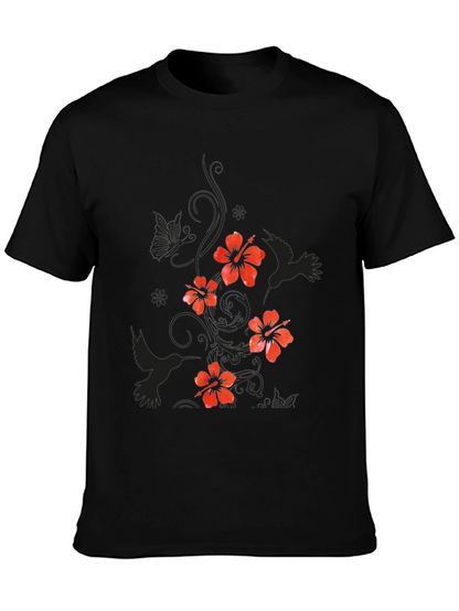 Mens Black Floral Hibiscus & Hummingbird T-Shirt